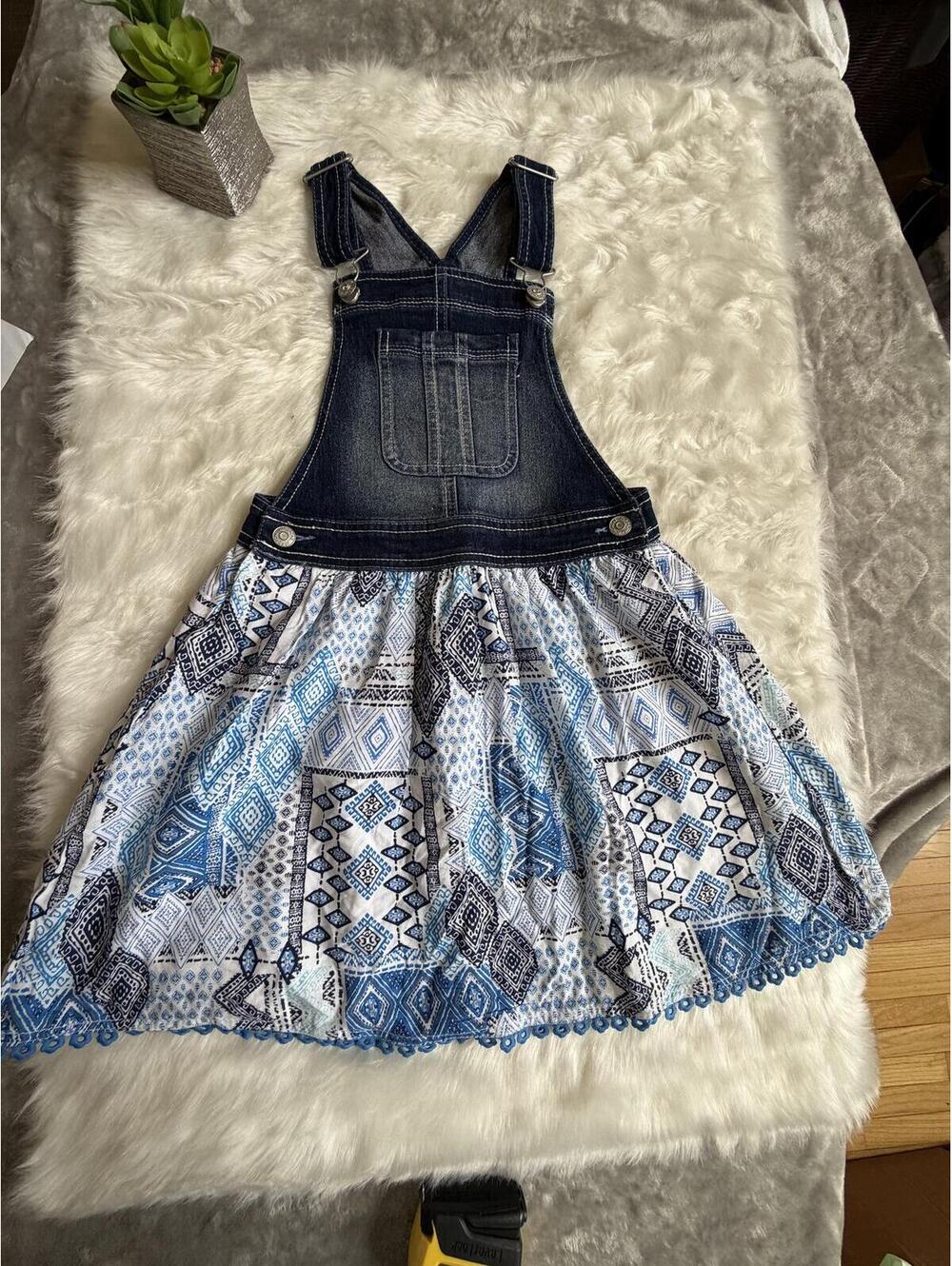 Jordache Girls Denim Bib & Patterned Skirt Overalls Dress M